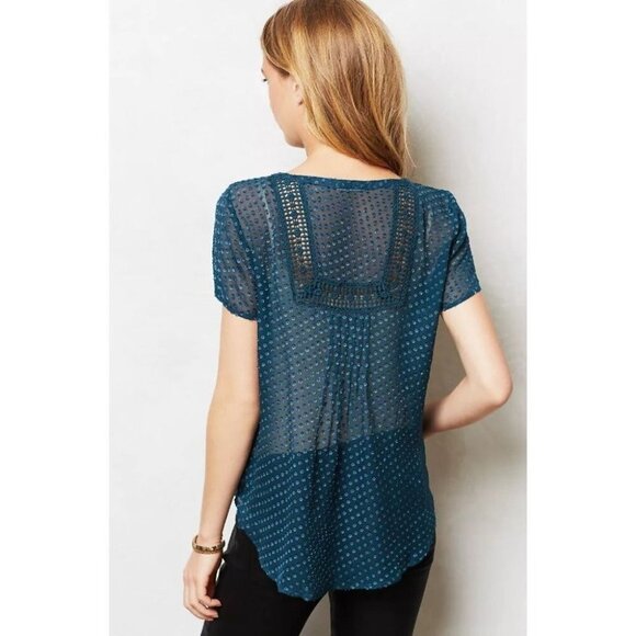Anthropologie teal Grassland short sleeve sheer  blouse Silk blend size XS - Picture 3 of 16